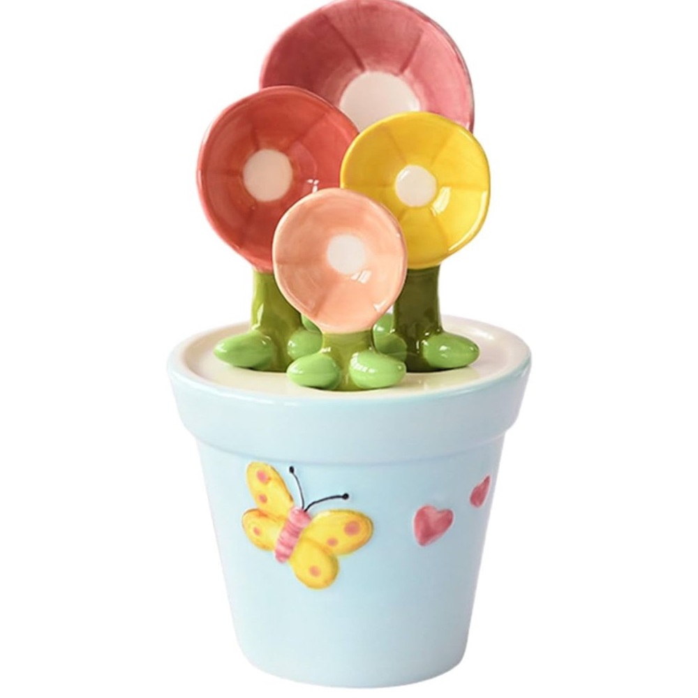 Colorful Ceramic Flower Pot with Butterfly Design measuring spoons.